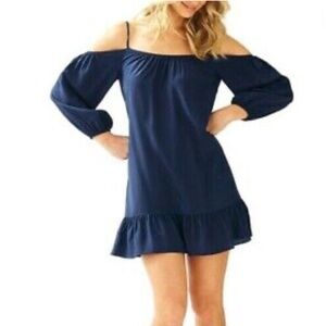 Lilly Pulitzer Women’s Candice Dress Sz XS Open Shoulder Ruffle Silk Navy Blue